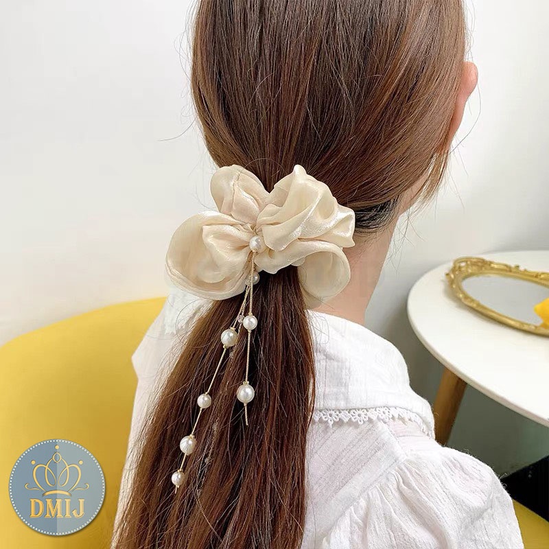 [Mã FAMARAL2 giảm 10K đơn 50K]Cột tóc vải scrunchies đính dây ngọc hàn quốc dây buộc tóc scrunchies nhiều màu