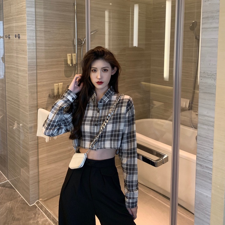 Áo Sơ Mi Croptop Tay Ngắn Họa Tiết Sọc Caro Phong Cách Retro Cho Nữ