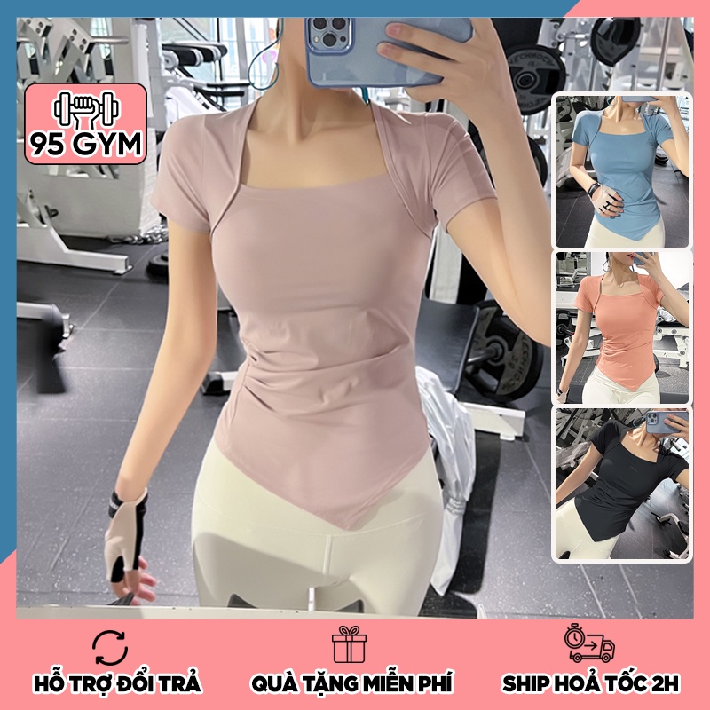 Áo tập gym yoga nữ 95Gym AC29 dáng áo cộc tay cổ vuông vạt chéo chất thun lạnh mịn co giãn tốt
