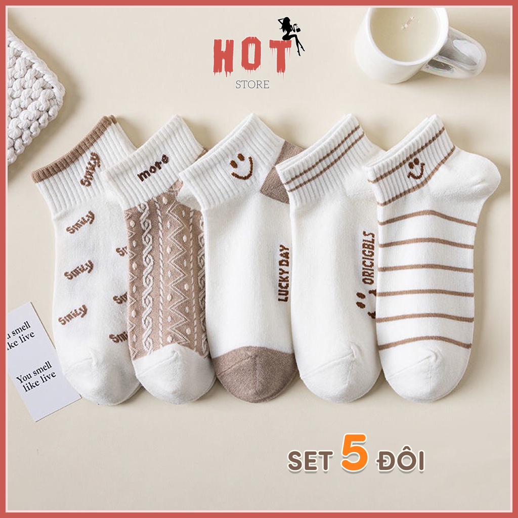 Tất cổ ngắn chất liệu cotton co giãn bốn chiều, set 5 đôi vớ phong cách Hàn Quốc - Hot Store