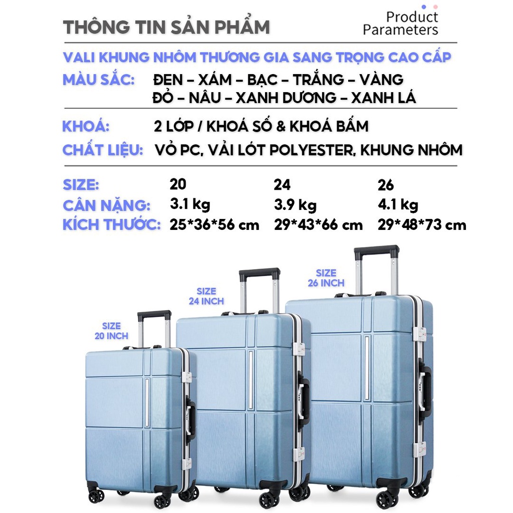 Vali Kéo Khung Nhôm Cao Cấp Size 26 inch Hoạ Tiết Hình Học Thương Gia Cao Cấp
