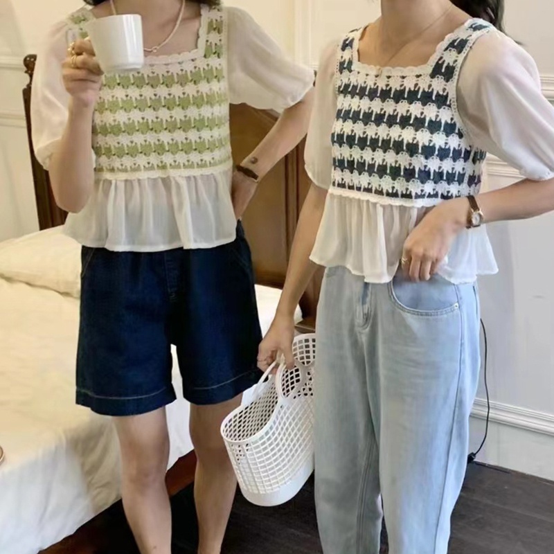 Brroa Áo Sơ Mi Chiffon Tay Lửng Thêu Họa Tiết Khối Màu Thời Trang Mùa Hè Cho Nữ
