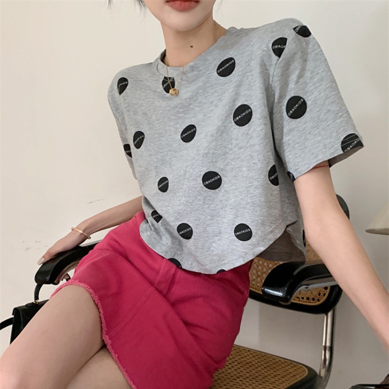 Áo Thun Tay Ngắn Hở Rốn Dáng Rộng Họa Tiết Chấm Bi Thời Trang Cho Nữ