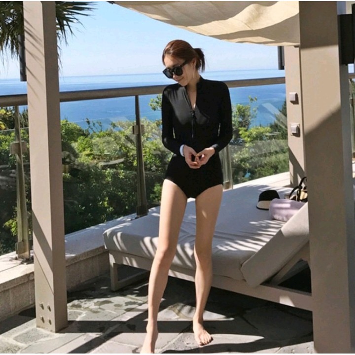 Đồ bơi nữ bikini 1 mảnh tay dài khoá kéo màu đen co giãn thoải mái VATIXA BKN.01