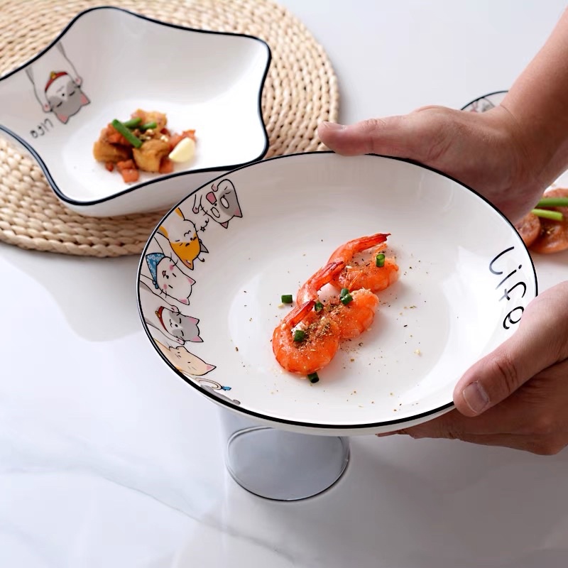 Bộ đĩa sứ hình mèo dễ thương, đĩa sứ phong cách Bắc Âu sẵn đĩa vuông