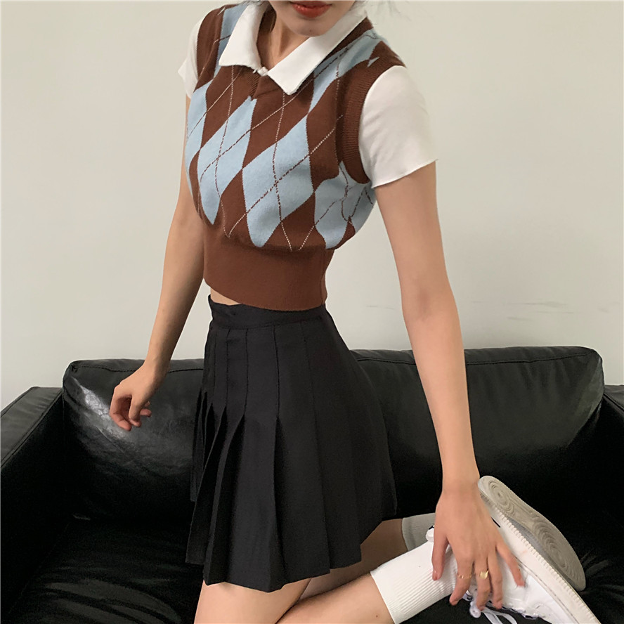 Sweater knitted diamond vest women's V-neck short college style