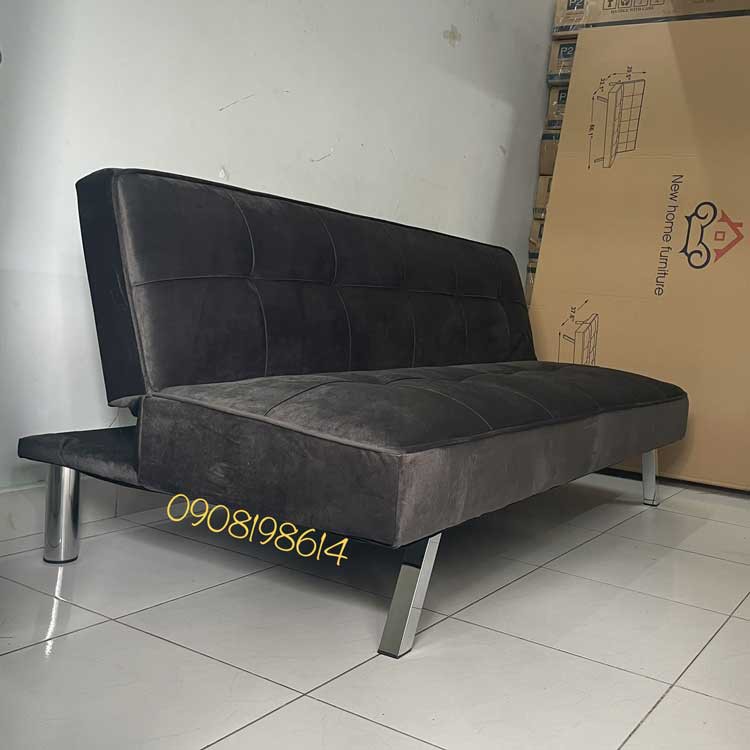 Sofa bed - Sofa giường bọc vải màu Nhung màu Xám Đen - Sofa xuất khẩu chân kim loại cao cấp