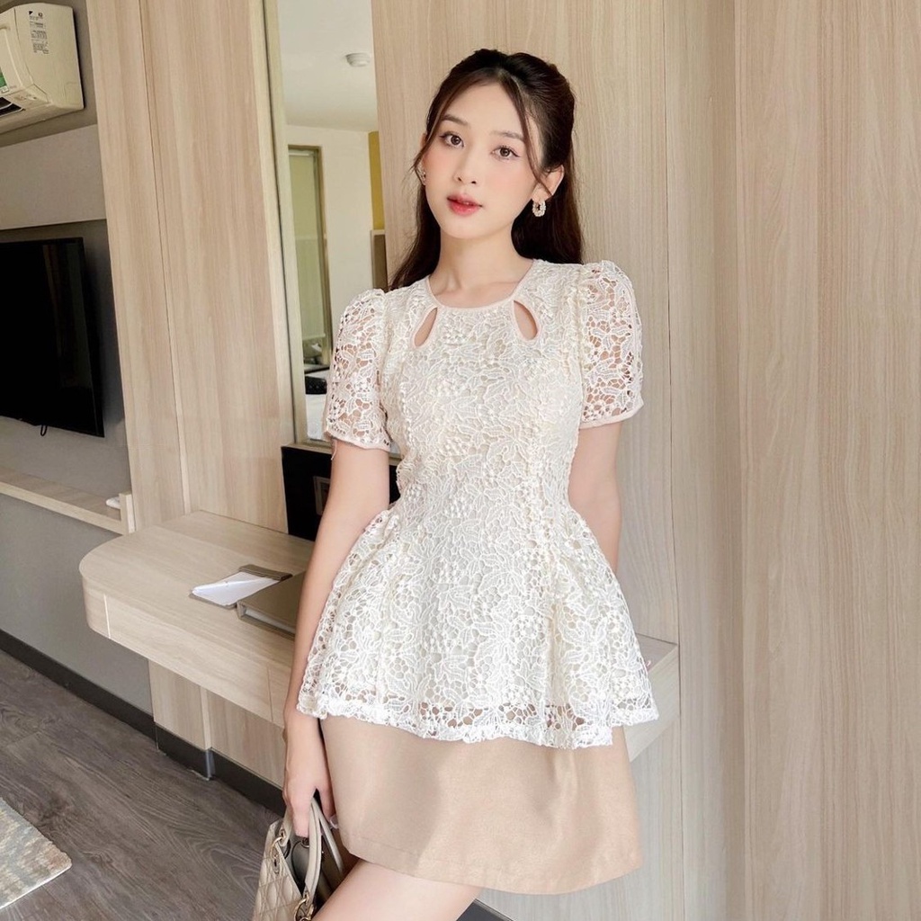 Áo kiểu nữ ngắn tay cổ tròn [Linly Store] Áo peplum chất ren dáng xòe