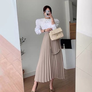 Set áo sơ mi cổ ren chéo+cv xếp ly dài