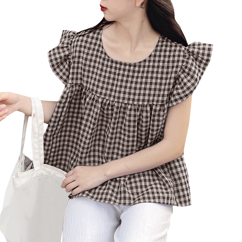 Áo kiểu ZANZEA tay ngắn xếp nếp cổ tròn họa tiết sọc ca rô phong cách Hàn Quốc thời trang dành cho nữ