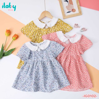 Váy cho bé gái ILABY váy hoa cổ sen khoét ngực nhún eo [10IG01020521]