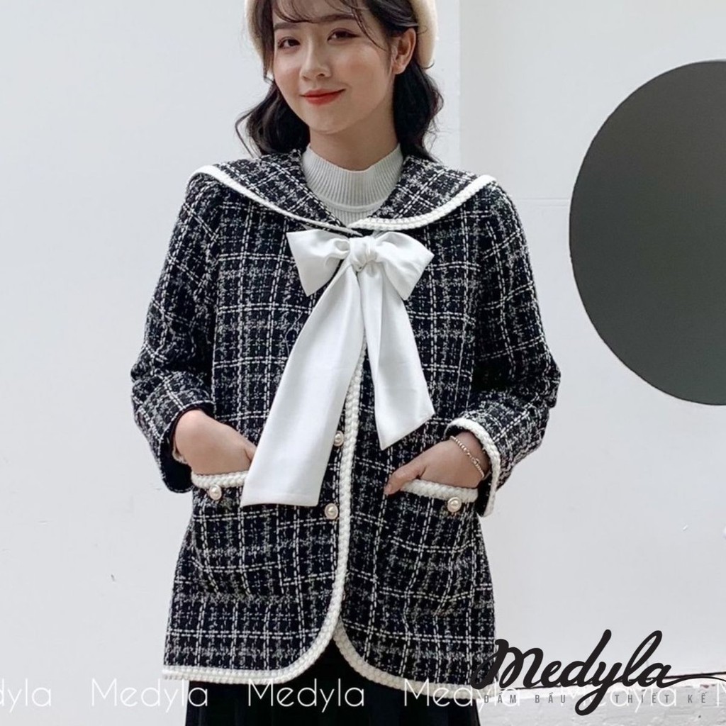 MEDYLA - Áo khoác dạ Dạ Tweed lót lining có nơ buộc tùy ý điều chỉnh - ADK002