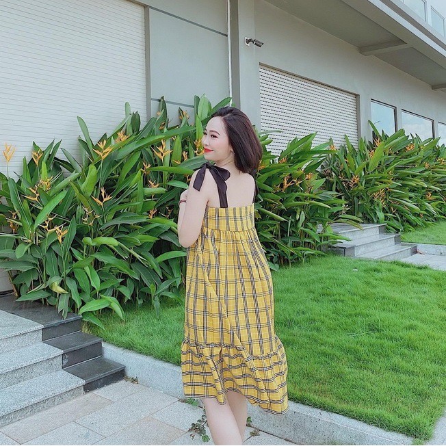 Đầm babydoll caro sọc dài qua gối form rộng dễ thương hàng thiết kế cao câp (có nhiều size)