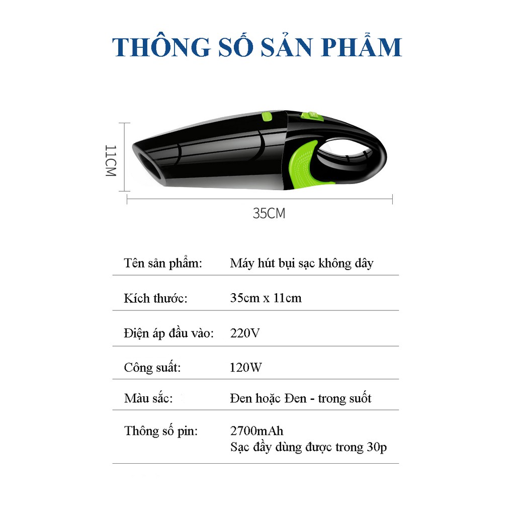 [Bảo hành 3 tháng] Máy hút bụi mini cầm tay không dây sạc điện cho gia đình, xe ô tô, xe hơi