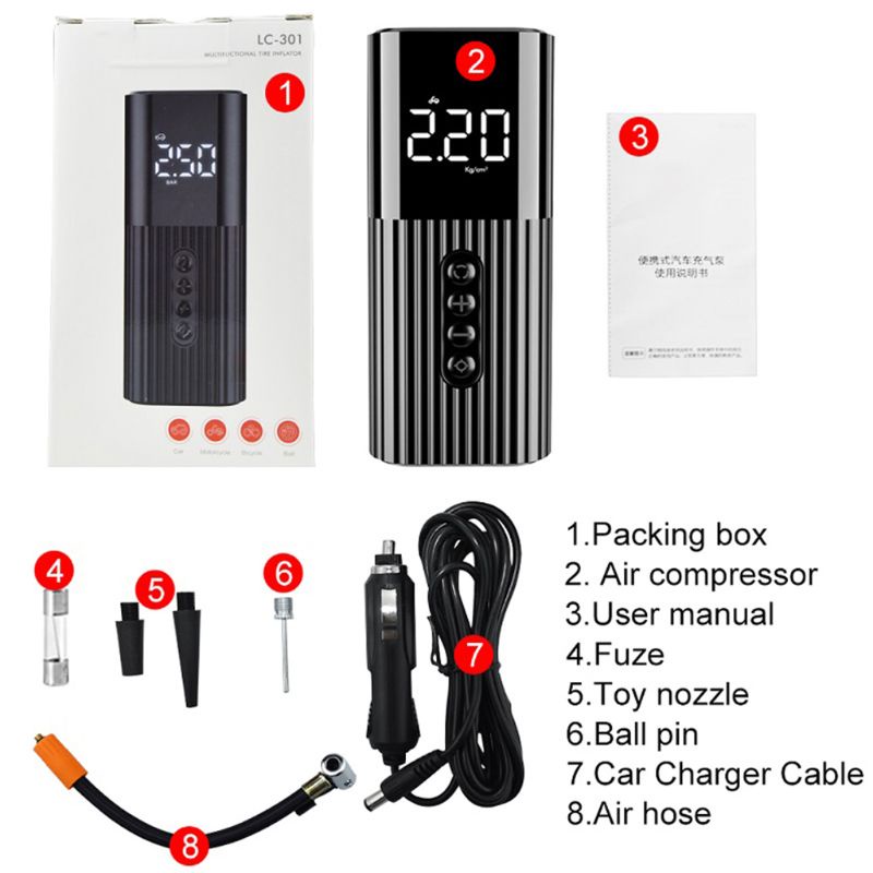 Máy bơm hơi mini 12V có đèn LED tiện lợi