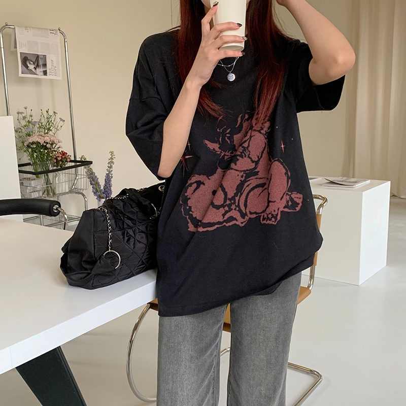 SUXI Áo Thun Nữ Ngắn Tay Cổ Tròn In Hình Thiên Thần Phong Cách Thể Thao