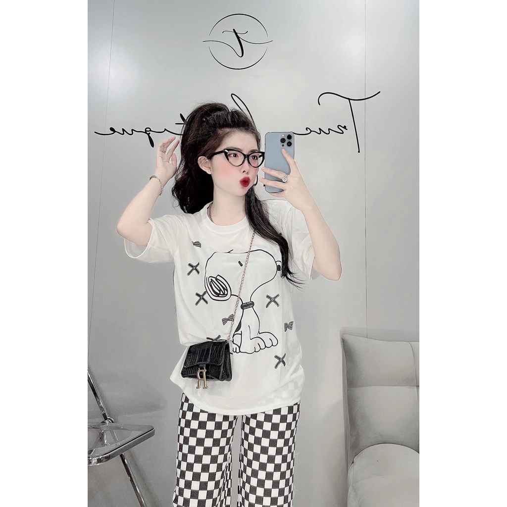 Set bộ áo thun in hình gấu chó + quần ống suông, set áo from rộng quần kẻ caro,bộ quần dài mặc đi chơi mặc nhà siêu xinh