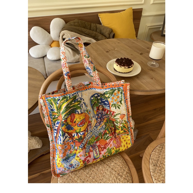 Túi Xách Canvas Hai Mặt Cỡ Lớn In Họa Tiết Hoa Thời Trang
