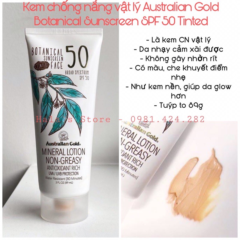 Australian Gold ✨ Kem chống nắng Botanical Sunscreen Face SPF 50