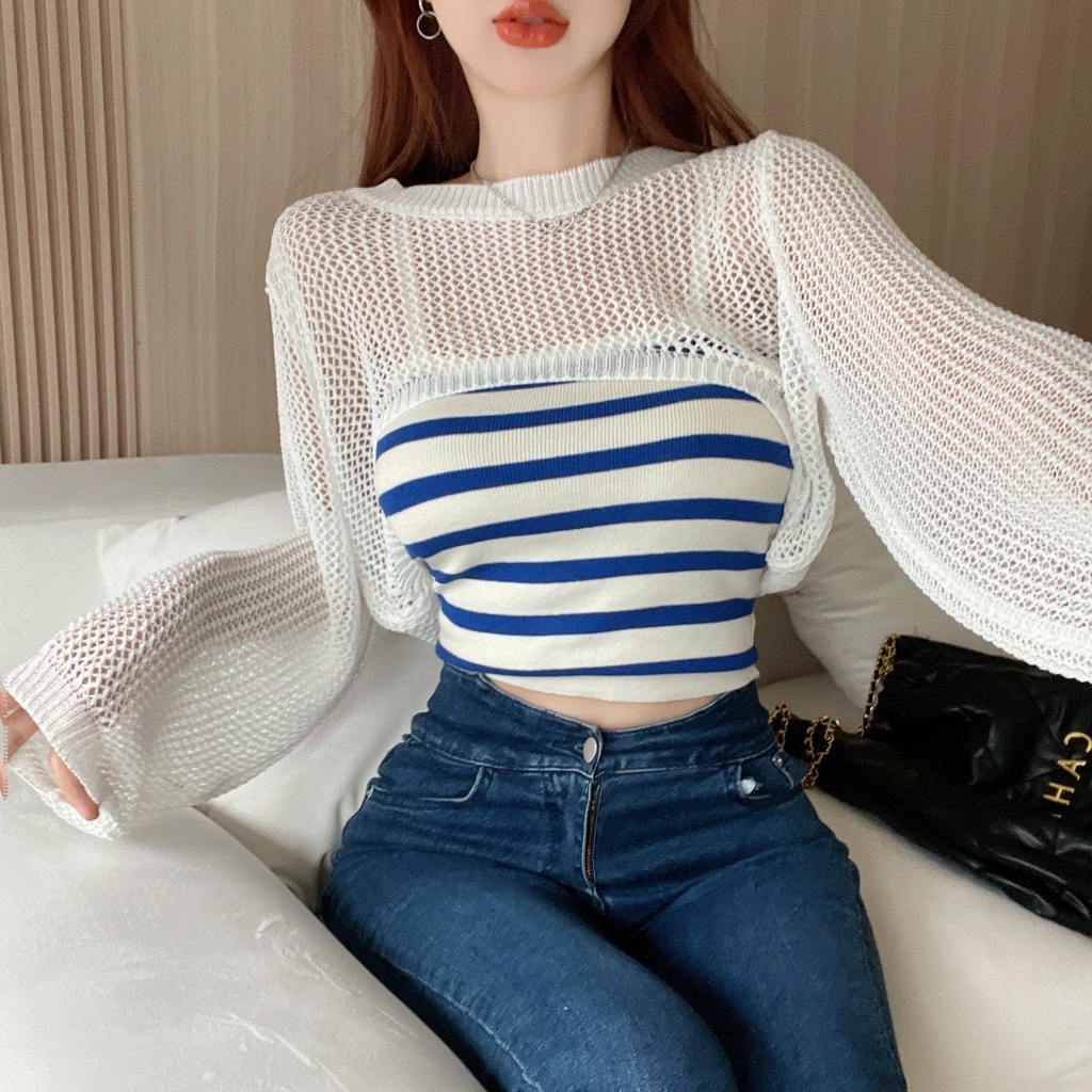 SUXI Áo Croptop Dệt Kim Chống Nắng Dáng Ôm Họa Tiết Kẻ Sọc Thời Trang Mùa Hè Cho Nữ