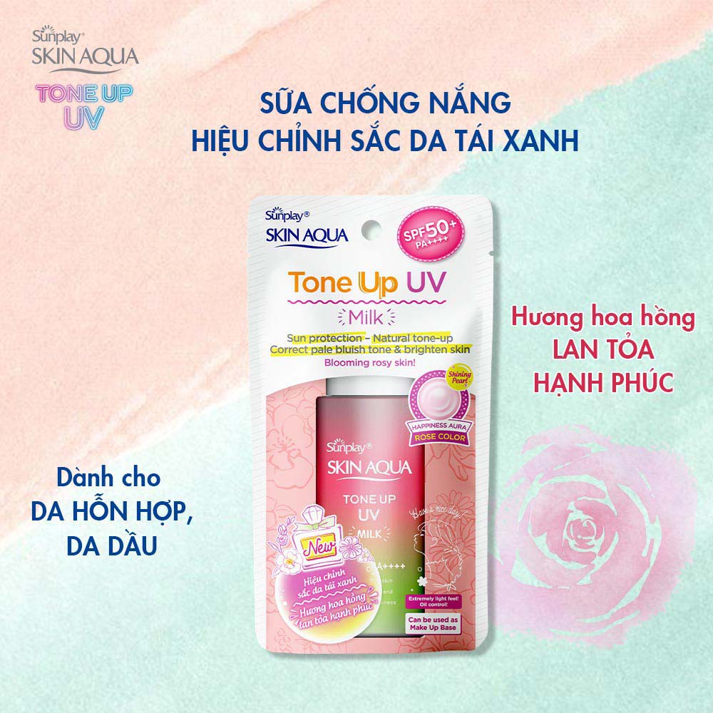 Sữa chống nắng Sunplay Skin Aqua Tone Up UV Milk Happiness Aura (Rose) giúp hiệu chỉnh sắc da