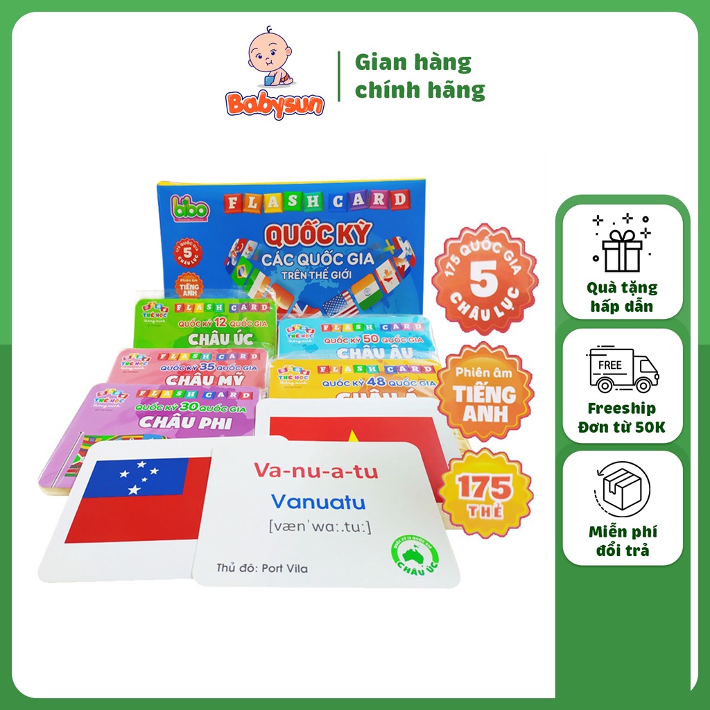 Bộ thẻ flashcard cờ các nước trên thế giới học thông minh cho bé song ngữ kèm hình ảnh sinh động 175 thẻ