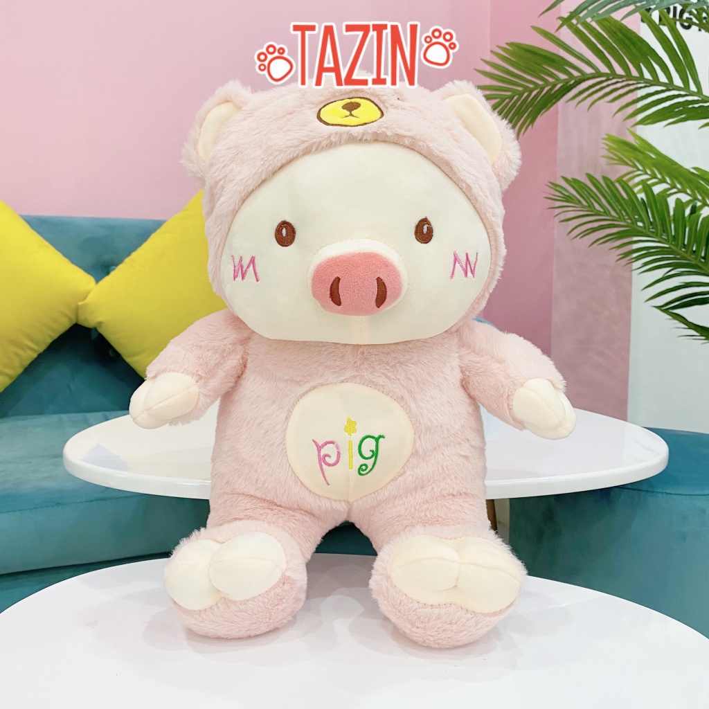 Gấu bông heo lợn mũ gấu HT, heo lợn bông chữ pig cao cấp TAZIN