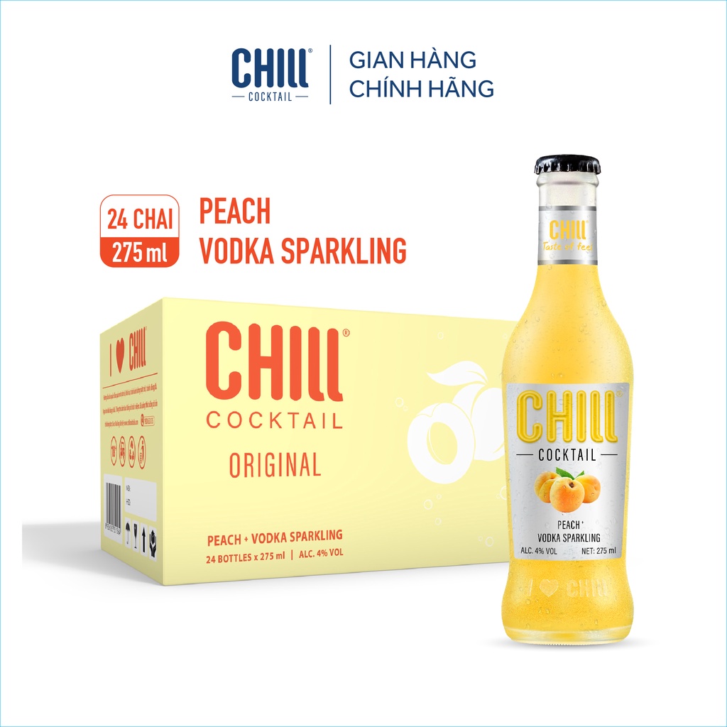 Thùng 24 chai Chill Cocktail vị Peach Vodka Sparkling 275ml/chai