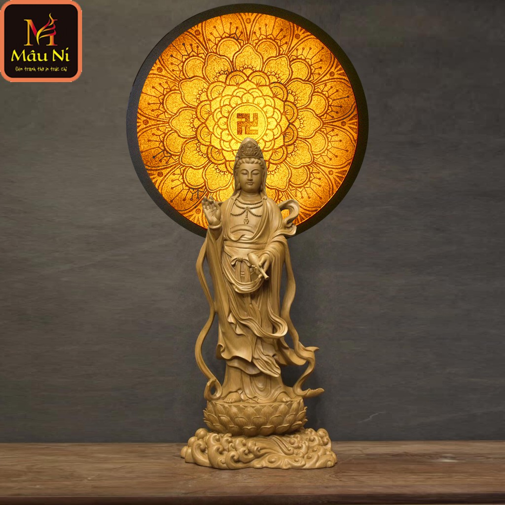 Đèn Để Bàn Trang Trí Bàn Thờ / Đèn Hoa Sen in họa tiết tranh trúc chỉ, khung sắt, Đường kính 30cm
