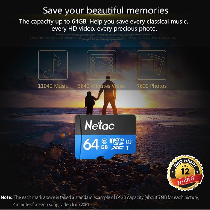 Thẻ nhớ 64GB Netac chuyên dụng - dùng cho điện thoại, camera, máy ảnh ... tốc độ cao - Bảo Hành 12 tháng