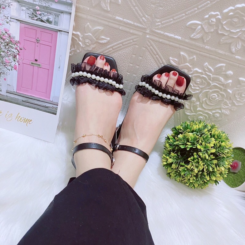 [Bán giá gốc] GIÀY SANDAL NỮ QUAI NGANG REN 1 HÀNG NGỌC GÓT VUÔNG 4p CỰC ĐẸP