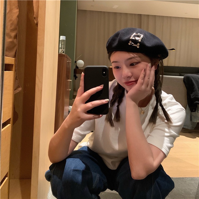 Mũ beret màu đen bằng cotton lanh thời trang phong cách retro Nhật Bản cho nữ