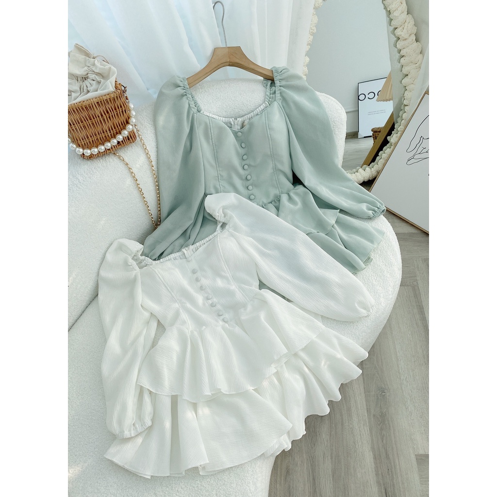 ĐẦM NÚT TẦNG TAY DÀI XANH - TRẮNG