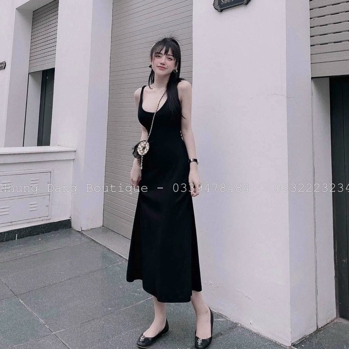 Đầm 2 dây maxi trơn nhíu cổ tim dưới xòe nhẹ, chất thun gân mềm mịn dày dặn mk
