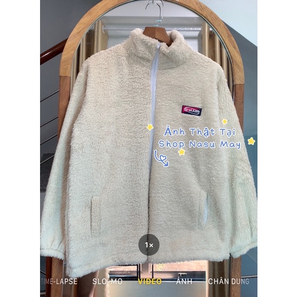Áo Khoác Bomber Lông Hoodie Khóa Kéo Dài Tay Đen Trắng Dáng Rộng Nam Nữ