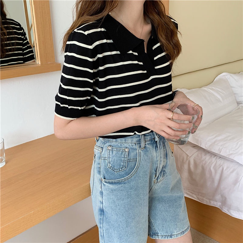 Áo dệt kim BH ngắn tay kẻ sọc thời trang mùa hè cho nữ