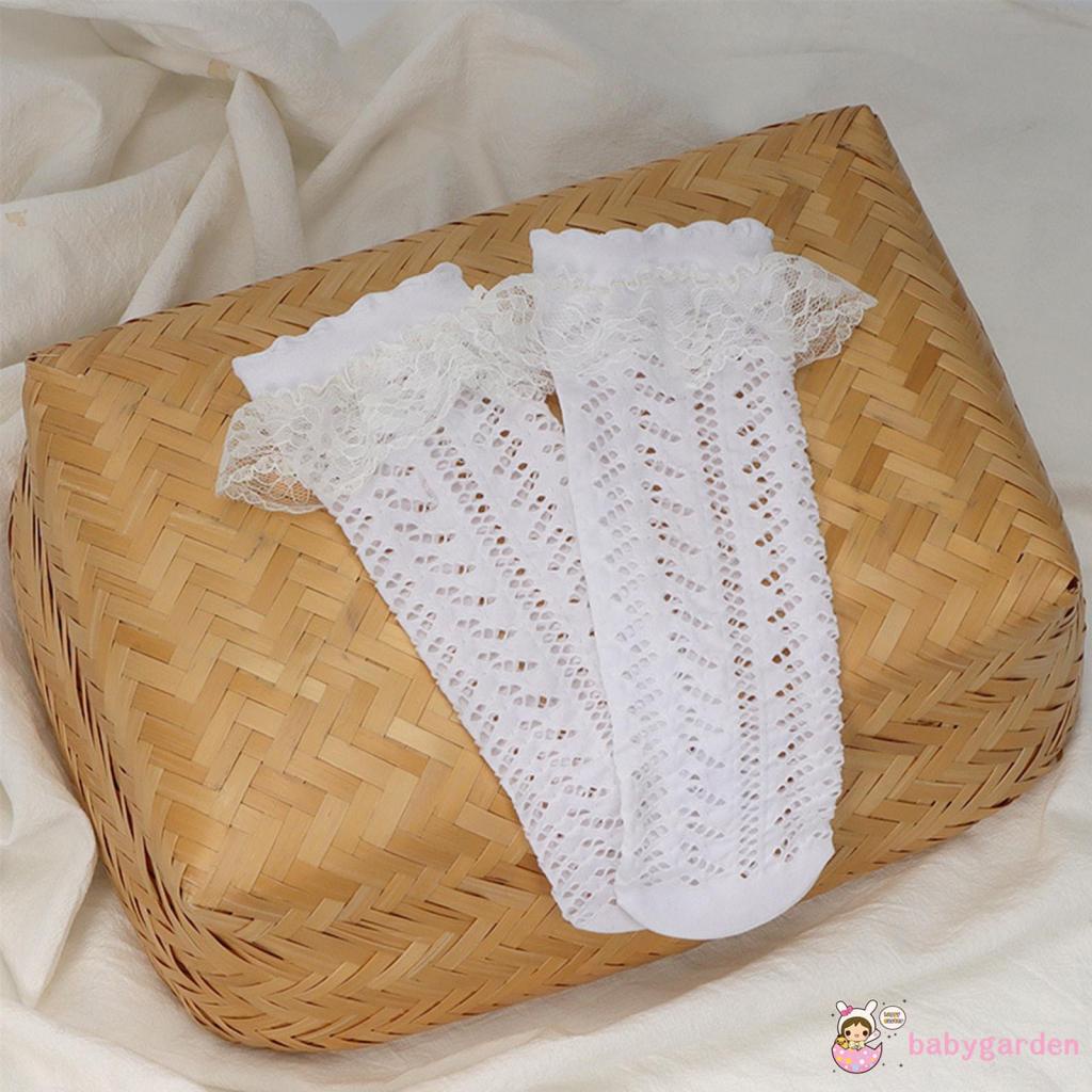 Vớ Cotton Viền Ren Lưới Màu Trơn Thoáng Khí Mùa Hè Có Vòng Tay Co Giãn Màu Đen/Trắng Cho Bé Gái