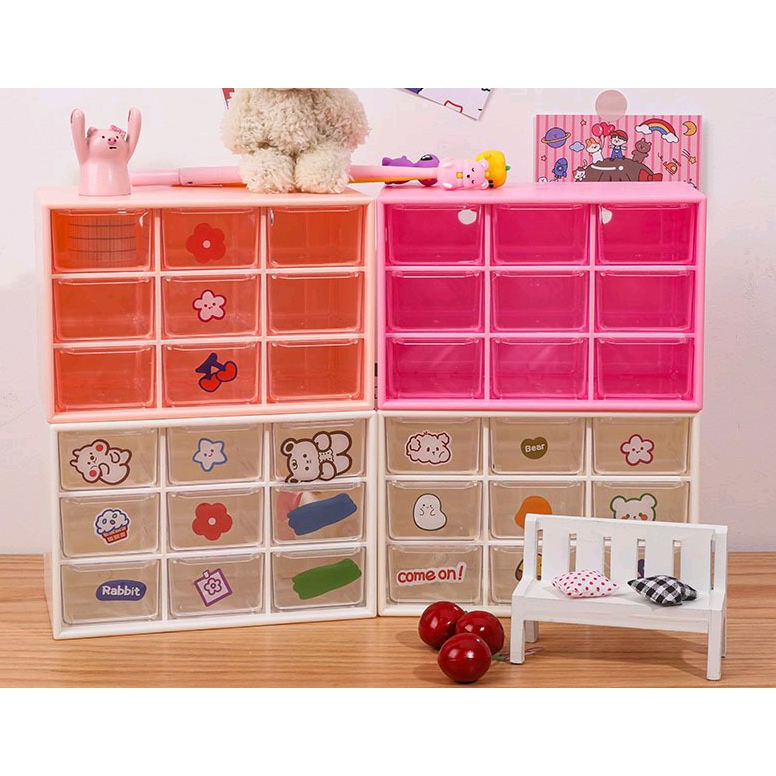Tủ mini 9 ngăn, hộp 9 ngăn kéo dễ thương chống bụi lưu trữ để bàn đựng trang sức vòng tay mĩ phẩm đồ dùng học tập.