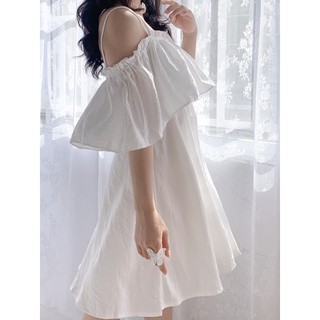 Đầm trắng trễ vai đan dây (trắng/đen)