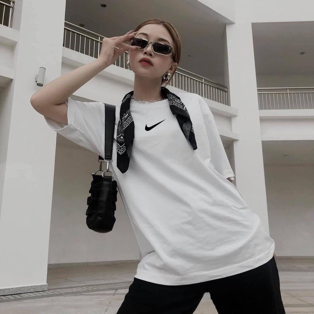 Áo thun nam nữ thêu logo Nike vải cotton, áo phông unisex form rộng tay lỡ phong cách ulzzang