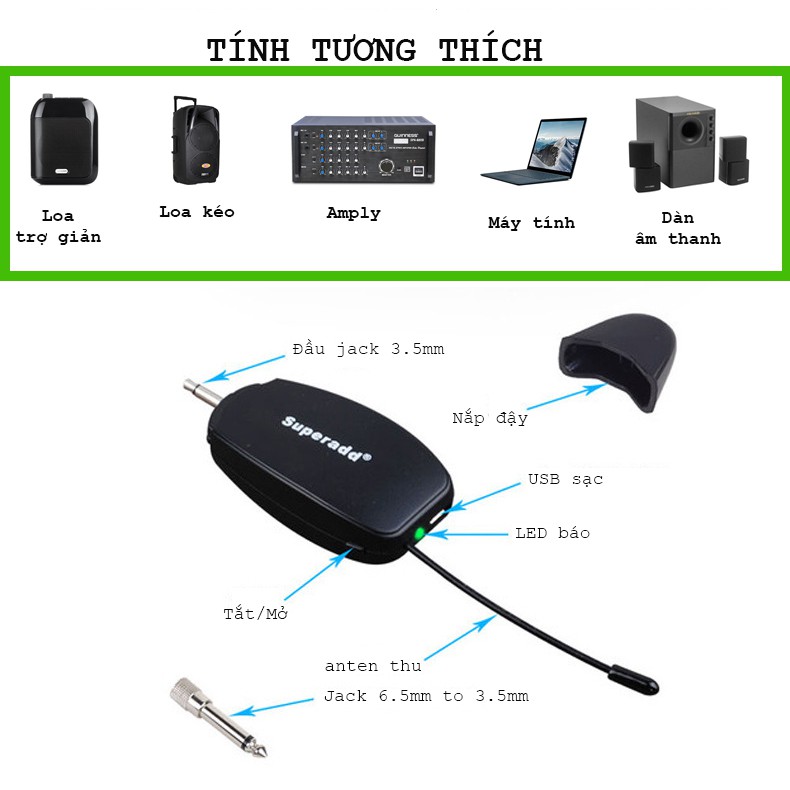 Micro không dây choàng đầu SUPERADD KX62T cho loa trợ giảng, loa kéo và các thiết bị âm thanh