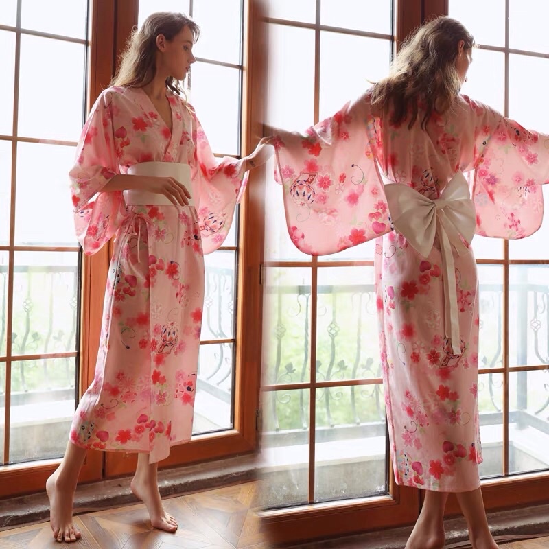LL1143 Kimono Hoa Đào Dáng Dài - Cosplay Nhật Bản Sexy
