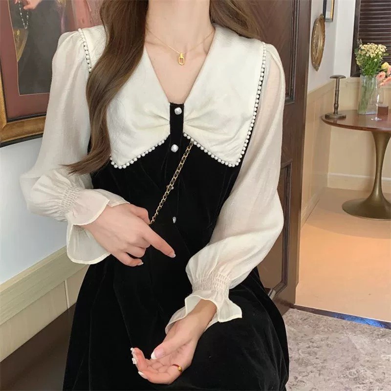 Váy đầm nhung đen cổ trắng đính hạt tay dài thu đông phong cách Hàn Quốc MS421