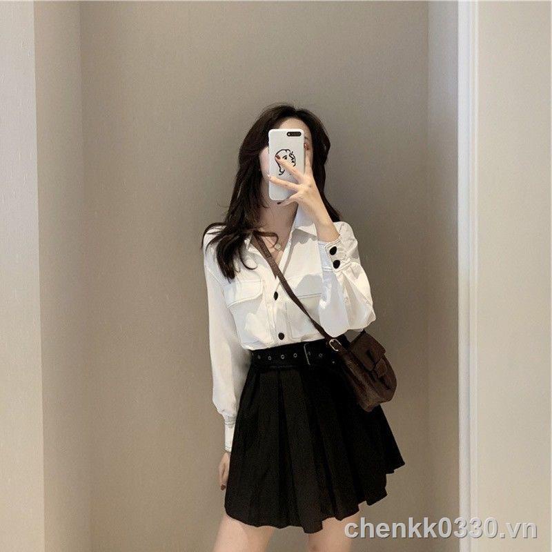 2022 ♨Áo sơ mi phối hợp hương vị cổ điển Hồng Kông cho phụ nữ mùa xuân và thu phiên bản mới của Hàn Quốc thiết kế thời trang thích tất cả phù với sinh viên hàng đầu