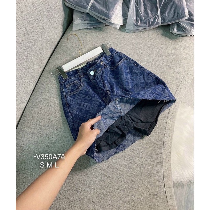 QUẦN VÁY NỮ VÁY JEANS HỌA TIẾT KẺ SỌC LƯNG CAO FORM A KÈM QUẦN TRONG
