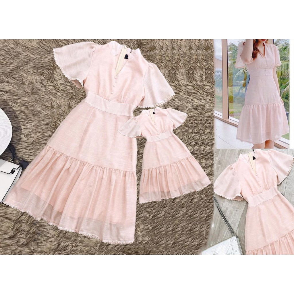 Set Đầm mẹ và bé hồng cổ trụ Phong Cách Nhẹ Nhàng Thanh Xuân Thời Trang siêu xinh SAHULU