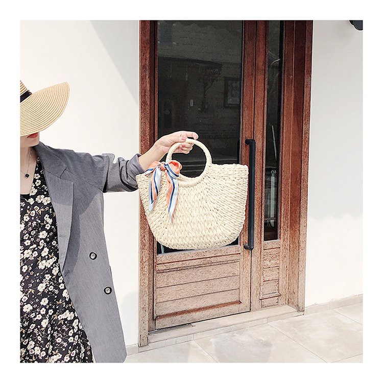 [NowShip - Giao Ngay] Túi Cói Boho Vintage Đeo Vai, Đeo Chéo Hình Tròn Dây Da Màu Nâu Be Trơn