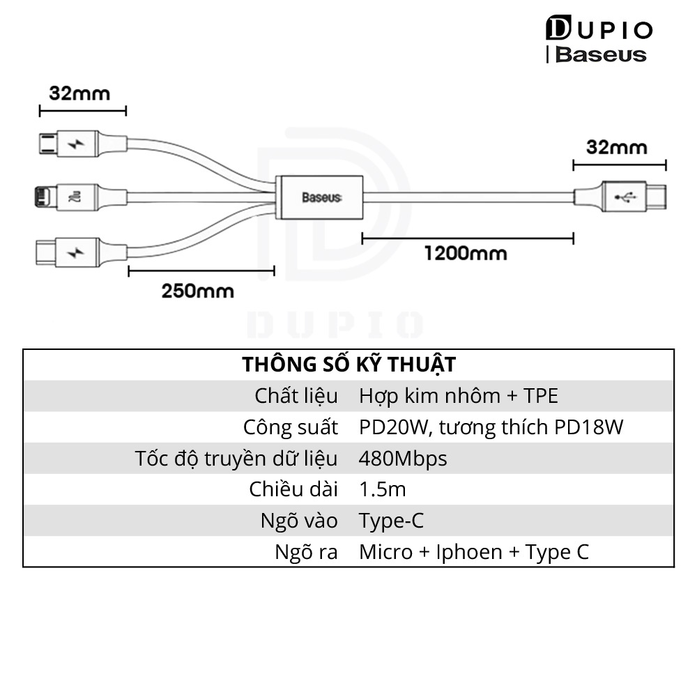 Dây cáp sạc nhanh DUPIO Baseus DS07 đa năng 3 đầu type c bọc dù có truyền dữ liệu