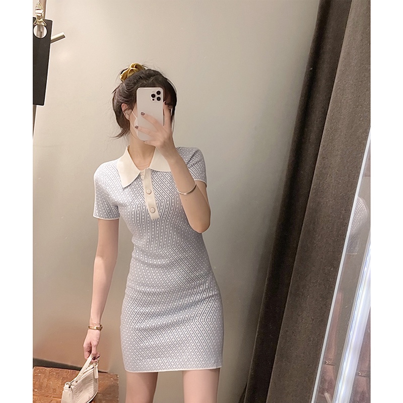 Đầm Dệt Kim Tay Ngắn Cổ Polo Dáng Ôm In Hoa Thời Trang Mùa Hè Retro Cho Nữ