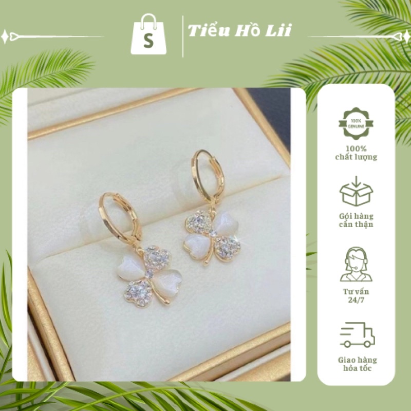 Khuyên tai bạc 925 đính đá hình cỏ 4 lá kiểu dáng lạ mắt độc đáo trang nhã hấp dẫn